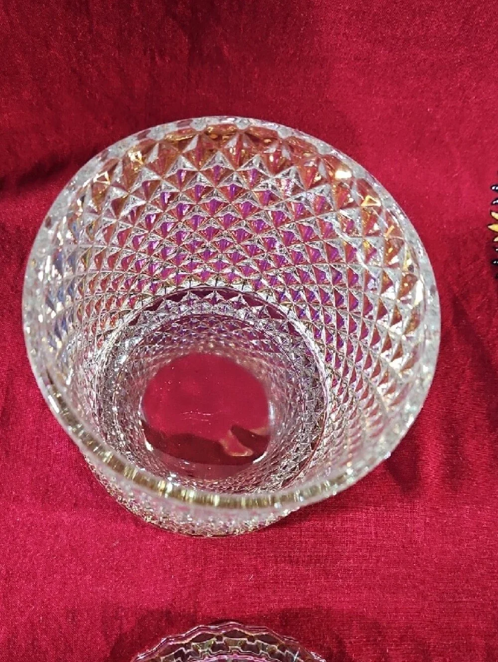 Irridescant Crystal Cut Glass Lidded Candy Dish Jar Diamond Point